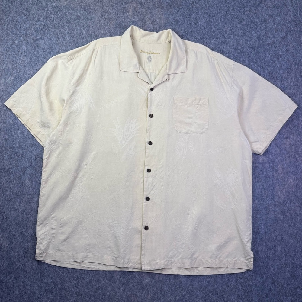 Tommy Bahama Silk Camp Shirt Men's Size 2XL Beige Palm Jacquard Short Sleeve But